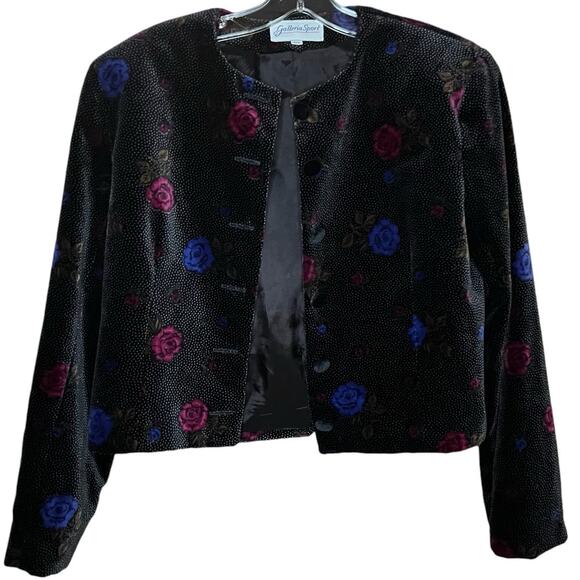 Galleria Sport Velvet Cropped Floral Blazer Jacket 100% Cotton Sz 10 Black - Picture 2 of 11
